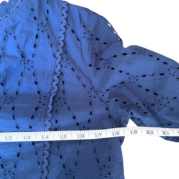 LOFT Eyelet Dress Medium Petite Navy Long Sleeve Feminine Twee Wedding Cruise - Picture 5 of 9